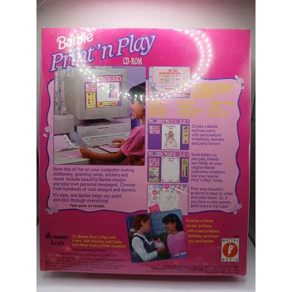 Mattel Barbie PRINT N' PLAY CD-ROM (1996) Sealed BIG Box PC Avery Computer Game